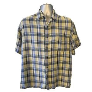 Van Heusen Neutral Plaid Washable Linen Short Sleeve Casual Button Down Size L